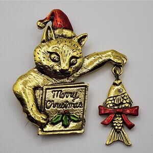 Santa Cat Brooch Christmas Card Dangly Fish Ornament Gold Tone Metal & Enamel